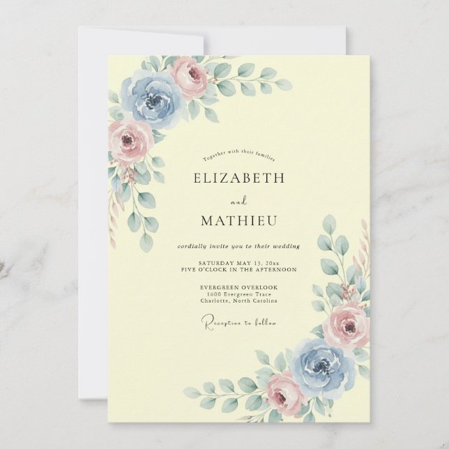 Convite Casamento de Floral Azul Pastel (Frente)