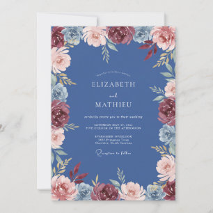 Convite Casamento de Floral Botânico Azul Empoeirado