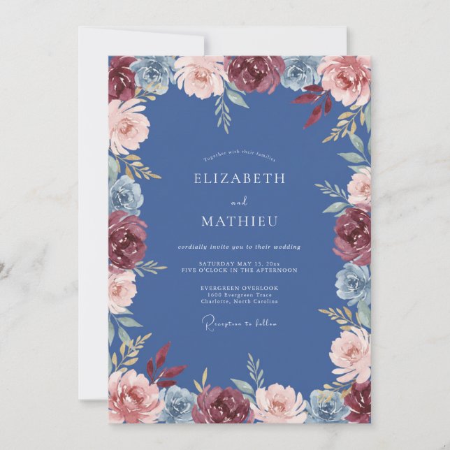 Convite Casamento de Floral Botânico Azul Empoeirado (Frente)