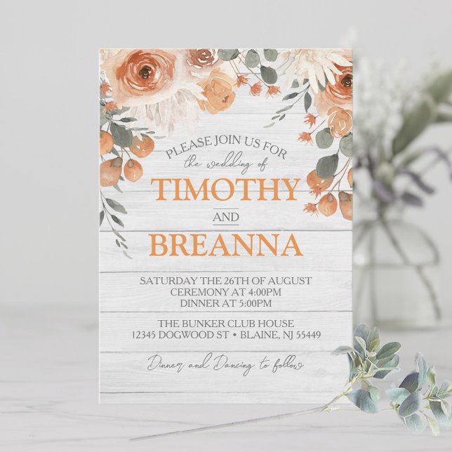 Convite Casamento de Floral e Madeira com Aquarela Elegant (Watercolor flowers & foliage in neutral and earthy colors on top of a grey wood wedding invitation)