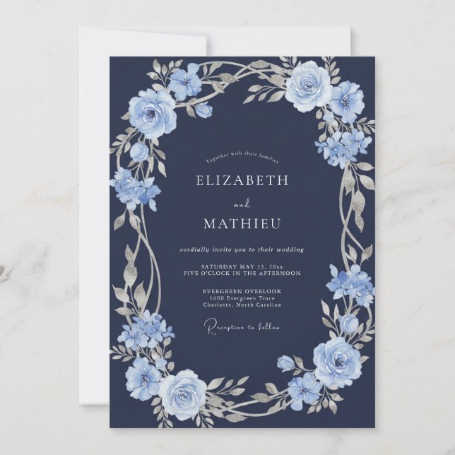 Convite Casamento de Floral em Azul Prata e Azul Naval em  (Frente)