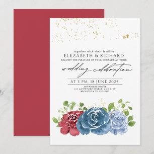 Convite Casamento de Floral Verde Clássico Azul Marinho Ve