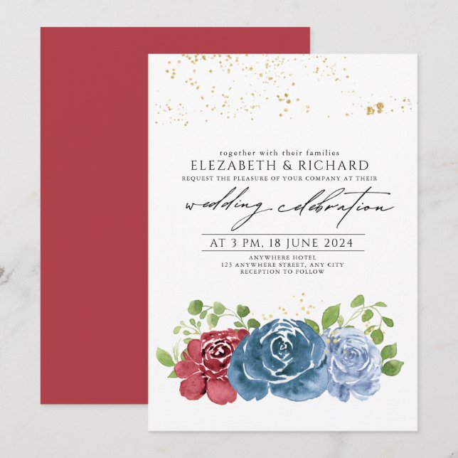 Convite Casamento de Floral Verde Clássico Azul Marinho Ve (Frente/Verso)