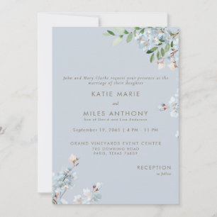 Convite Casamento de Floral Verde Moderno Azul Empoeirado