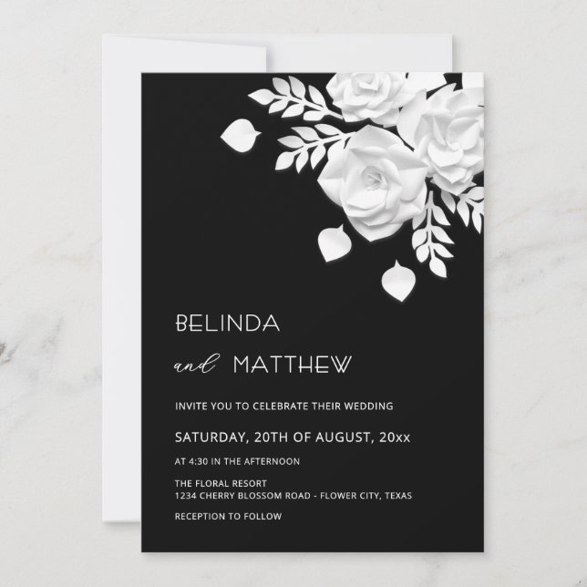 Convite Casamento de Flores 3D em Preto e Branco  (Frente)
