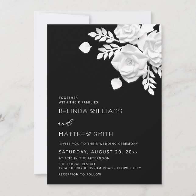 Convite Casamento de Flores 3D Preto e Branco  (Frente)