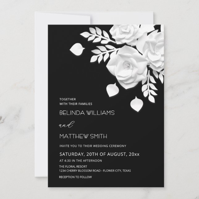 Convite Casamento de Flores 3D Preto e Branco  (Frente)