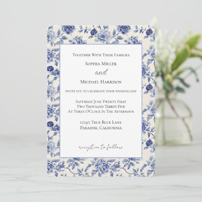 Convite Casamento de Flores Azuis Bonitas (Em pé/Frente)