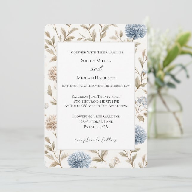Convite Casamento de Flores Azuis Creme Lindas (Em pé/Frente)