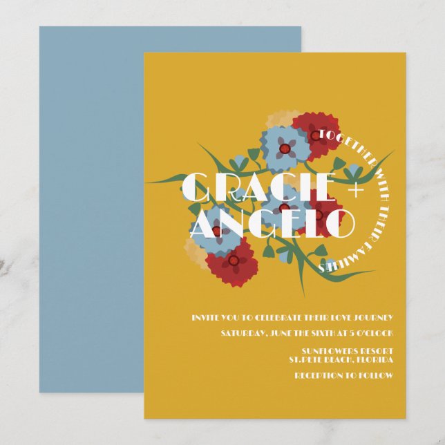 Convite Casamento de Flores Azuis de Mostarda Mexicana (Frente/Verso)