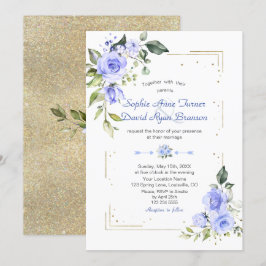 Convite Casamento de Flores Azuis Douradas de Luxo