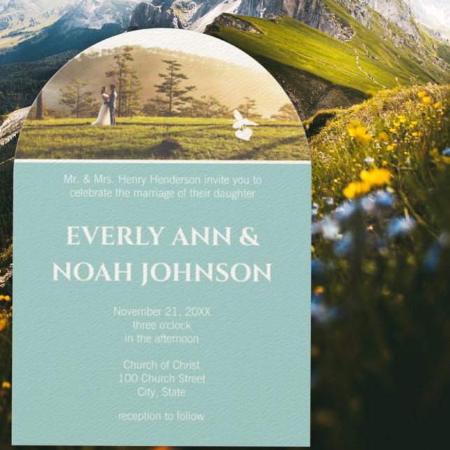 Convite Casamento de Flores Azuis e Abelhas de Arch Silver (Criador carregado)