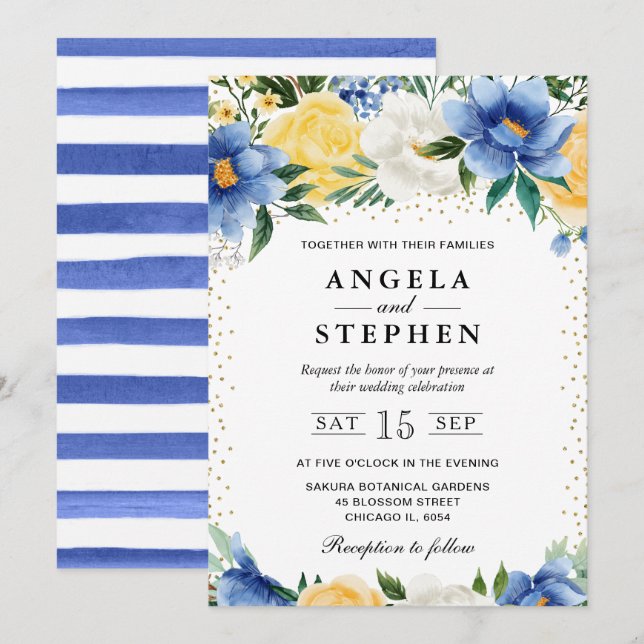 Convite Casamento de Flores Azuis e Amarelas em Aquarela (Frente/Verso)