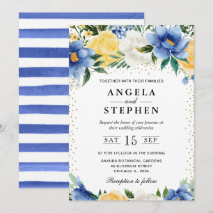 Convite Casamento de Flores Azuis e Amarelas em Aquarela