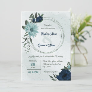 Convite Casamento de flores azuis e marinhos poeirentos