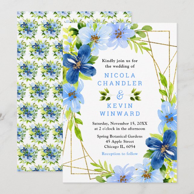 Convite Casamento de Flores Azuis e Navy com Folhagem (Frente/Verso)