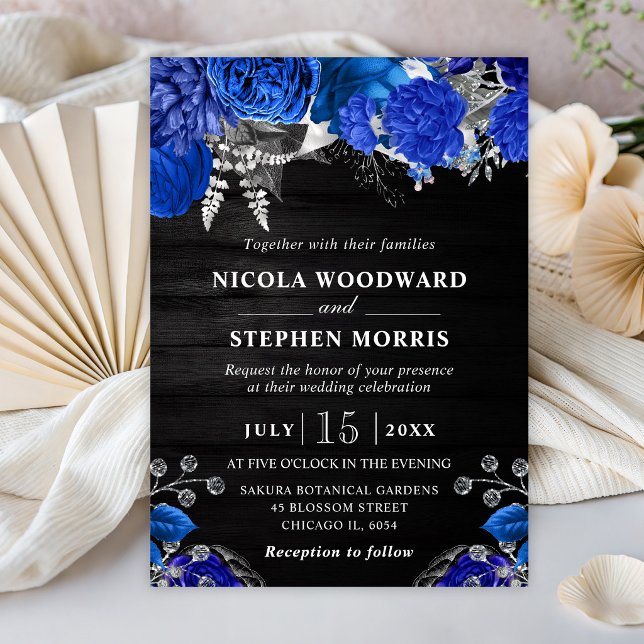 Convite Casamento de Flores Azuis e Prateadas em Aquarela  (Criador carregado)