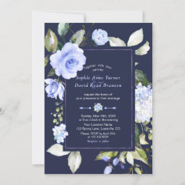 Convite Casamento de Flores Azuis Elegante de Aquarela