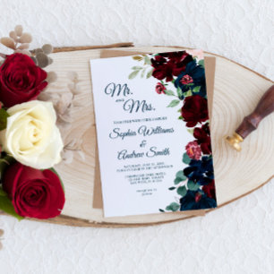 Convite Casamento de Flores Azuis Elegante e Borgonha Mari