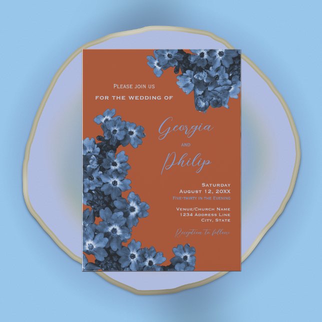 Convite Casamento de Flores Azuis Elegantes Terracotta e D (Criador carregado)