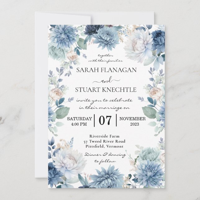 Convite Casamento de flores azuis empoeiradas Elegante Wat (Frente)