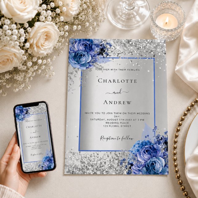 Convite Casamento de flores azuis prateadas (Criador carregado)