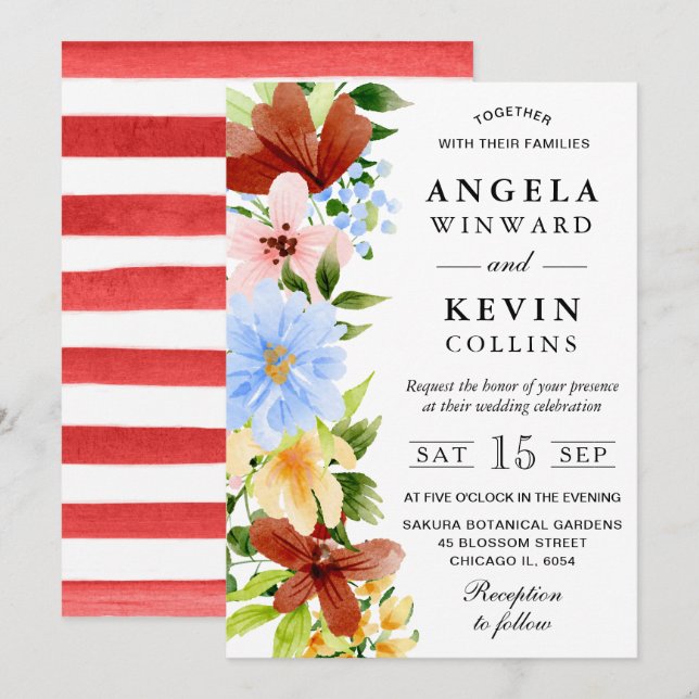 Convite Casamento de Flores Boho Vermelho Amarelo e Azul (Frente/Verso)