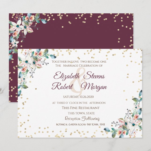 Convite Casamento de Flores Bordô Diamantes Dourados (Frente/Verso)