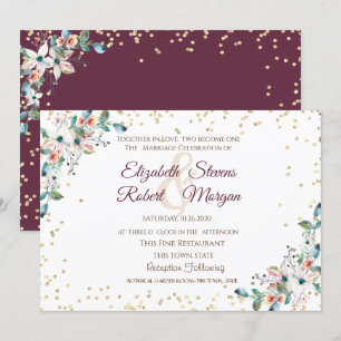 Convite Casamento de Flores Bordô Diamantes Dourados