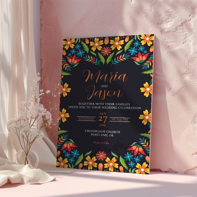 Convite Casamento de Flores Botânicas Coloridas Mexicanas (Mexican Floral Colorful Botanical Flowers Wedding Invitation)