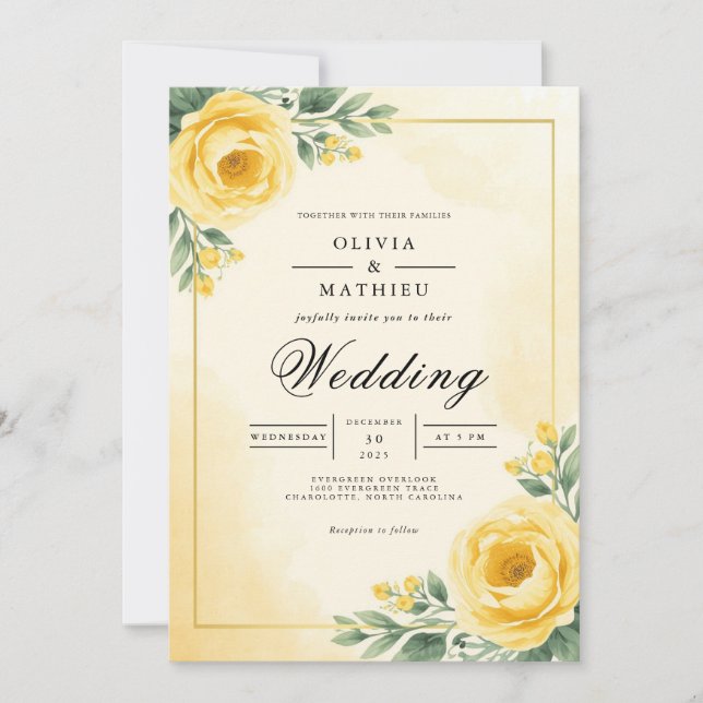 Convite Casamento De Flores Botânicas De Flor De ouro (Frente)