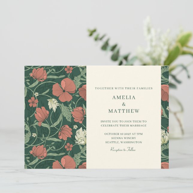 Convite Casamento de Flores Botânicas Verdes Elegantes Vin (Em pé/Frente)