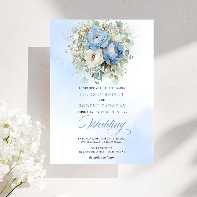 Convite Casamento de Flores Brancas Azuis Pó Timeless Dour (Timeless Dusty Blue White Flowers Gold Wedding)