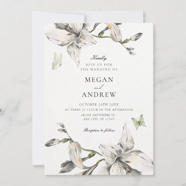 Convite Casamento de flores brancas cinzas estéticas em fl (Frente)