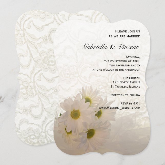 Convite Casamento de Flores Brancas e Daisy (Frente/Verso)