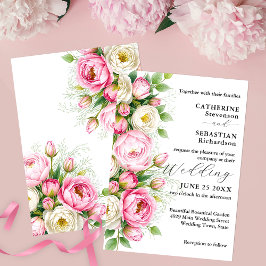 Convite Casamento de Flores Brancas e Rosa Romântica
