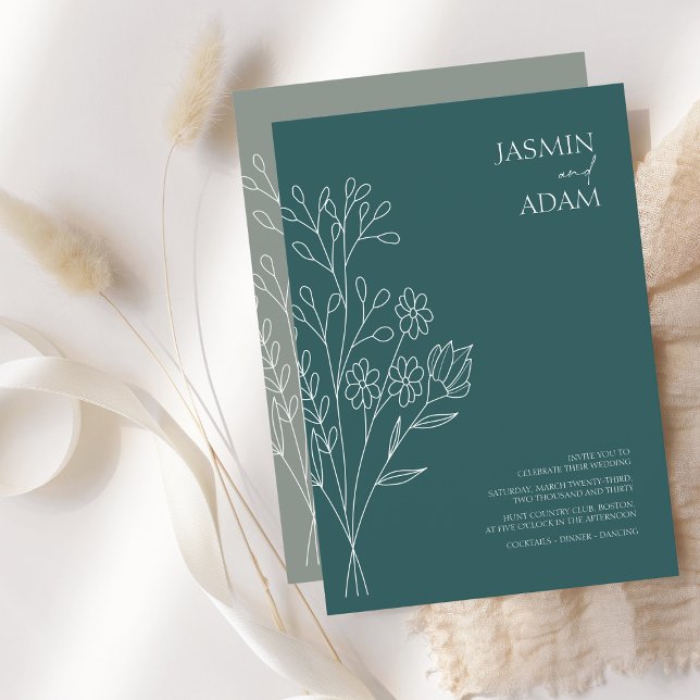 Convite Casamento de flores brancas esmeraldas mínimas (Criador carregado)