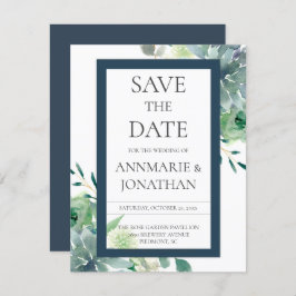 Convite Casamento de Flores Brancas Verde e Indigo Suculen