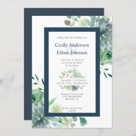 Convite Casamento de Flores Brancas Verde e Indigo Suculen