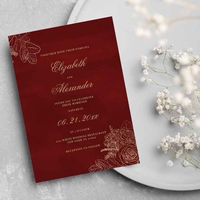 Convite Casamento de flores clássicas elegantes de ouro bu (Classic elegant burgundy gold foil flowers wedding)