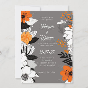 Convite Casamento de flores contemporâneas, preto, branco,
