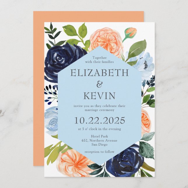 Convite Casamento de Flores de Água Azul e Pessegueira  (Frente/Verso)