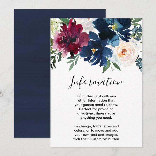 Convite Casamento de Flores de Água Burgundy Navy (Frente/Verso)