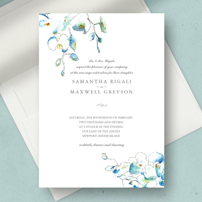 Convite Casamento de Flores de Água da Orquídea Azul (hand drawn wedding invitations features watercolor blue flowers with line art. )