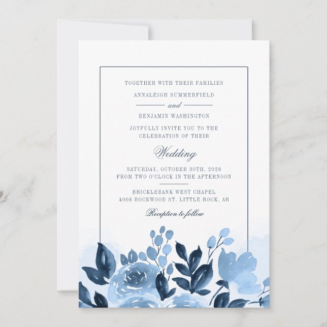 Convite Casamento de Flores de Aquarela Azul Floral Modern (Frente)