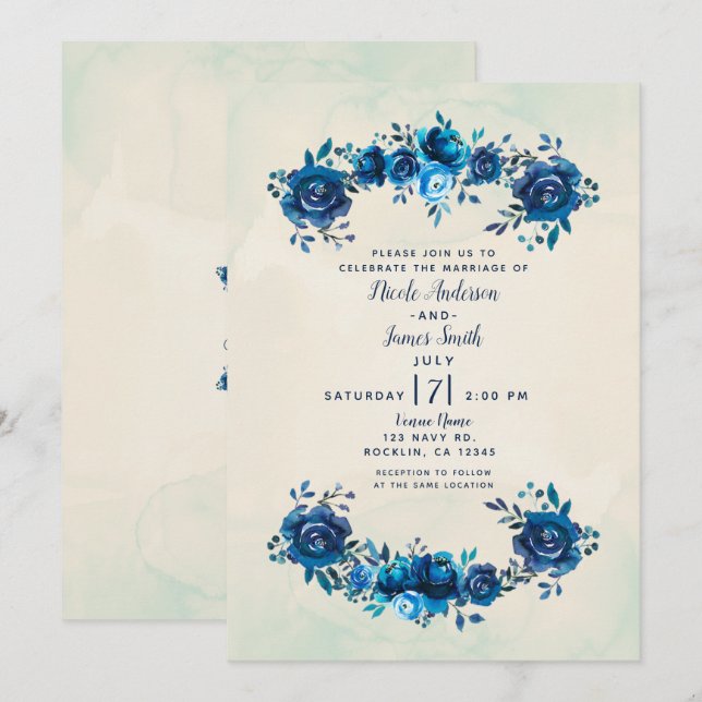 Convite Casamento de Flores de Aquarela Azul Índigo e Bege (Frente/Verso)