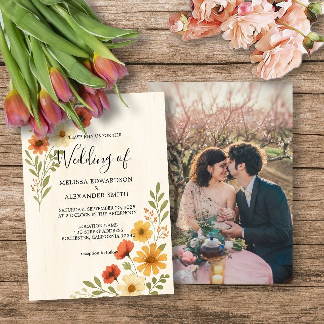 Convite Casamento de flores de aquarela botânica russa (Rustic botanical watercolor flowers photo boho wedding invitation.)