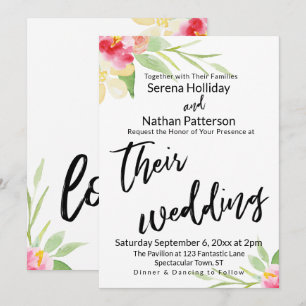 Convite Casamento de Flores de Aquarela com Manuscrito Cas