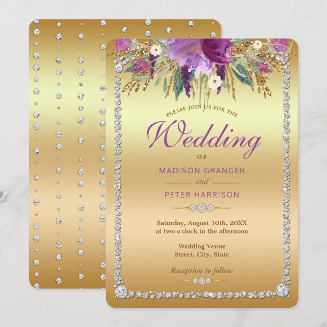 Convite Casamento de Flores de Aquarela Diamond Glitter (Frente/Verso)