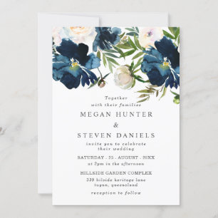 Convite Casamento de Flores de Aquarela e Marinho